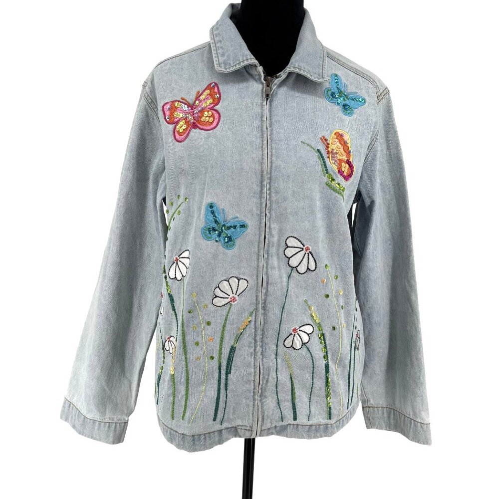 White Stag Y2K Denim Jacket Womens Size M‎ Embroidered Sequined Butterfly Fairy